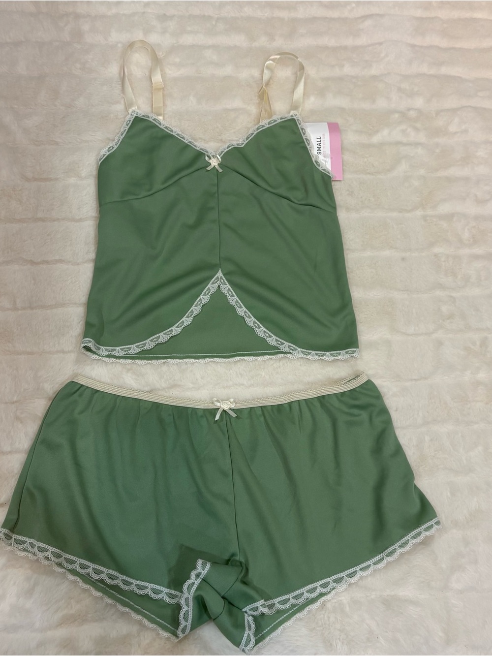 Vintage Olive Green Cami & Shorts Pajama Set with Cream Trim handmade